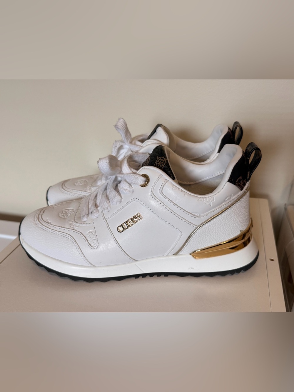 Guess White Sneakers with Gold Hardware and Black Heel Tabs